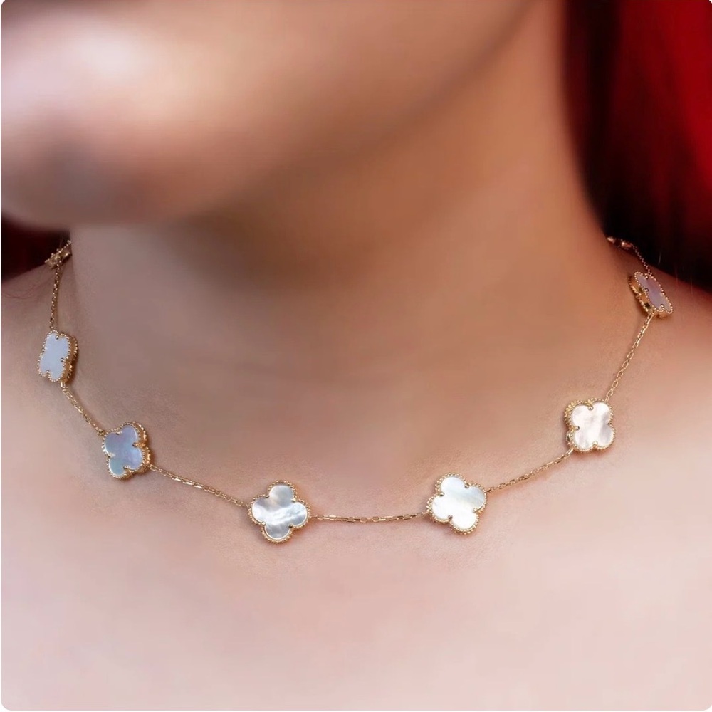 NEW 14K Gold Women White Clover Choker